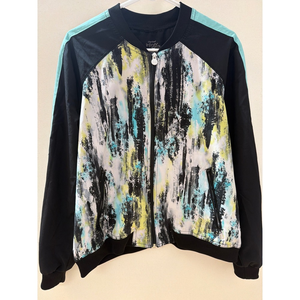 Cherokee Infinity Womens Scrub Jacket Large Abstract Print Zip Front Teal Black